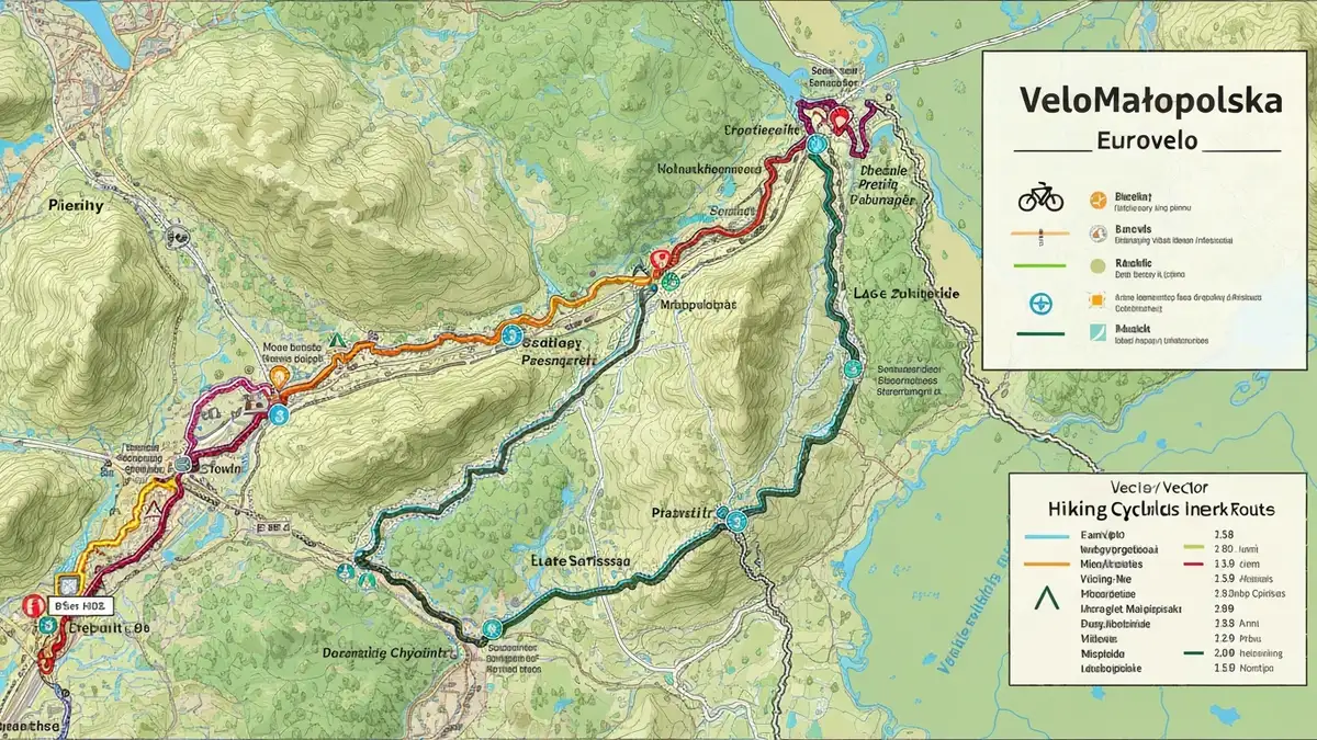Mapa sieciowa VeloMałopolski pokazująca szlaki Eurovelo i krajowe pętle rowerowe z zaznaczeniem Pieninów, Beskidów i Jeziora Solińskiego