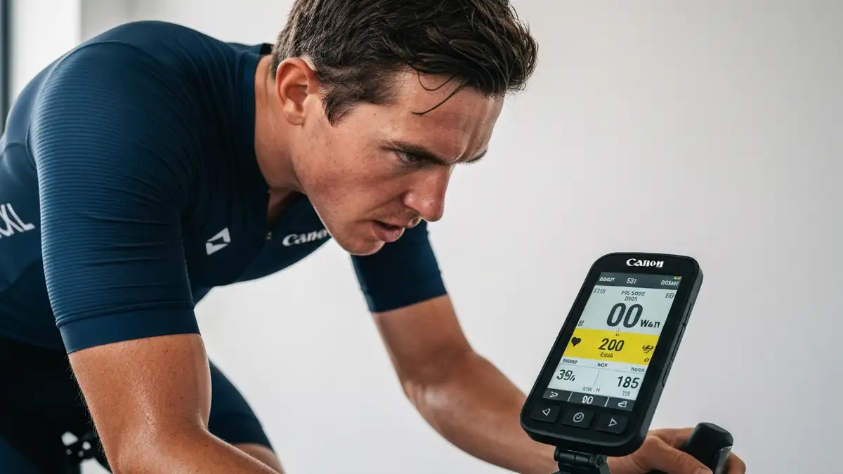 Rowerzysta w VO2max intervals - intensywny trening na ergometrze rowerowym z power meterem