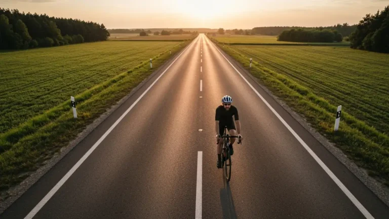 Rowerzysta jeżdżący po asfaltowej drodze krajowej DK91 z widokiem na polskie pola i lasy w kierunku Krakowa