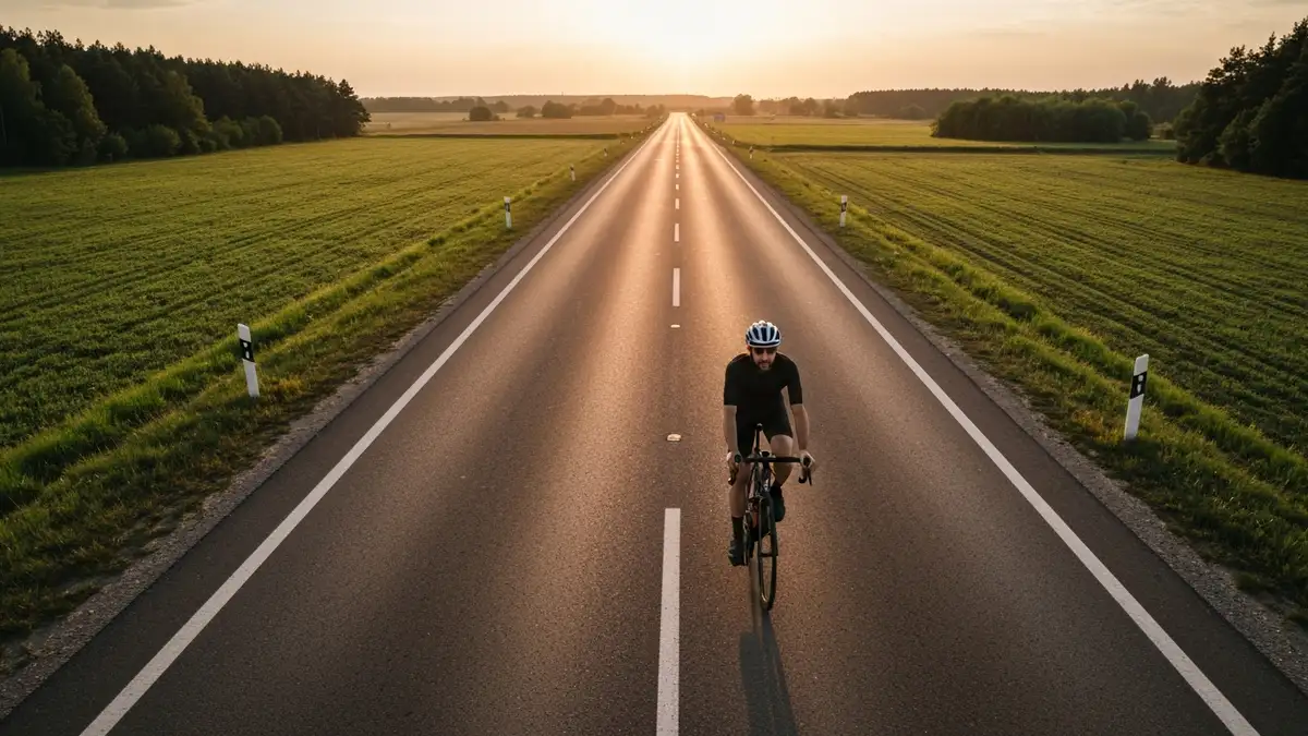 Rowerzysta jeżdżący po asfaltowej drodze krajowej DK91 z widokiem na polskie pola i lasy w kierunku Krakowa