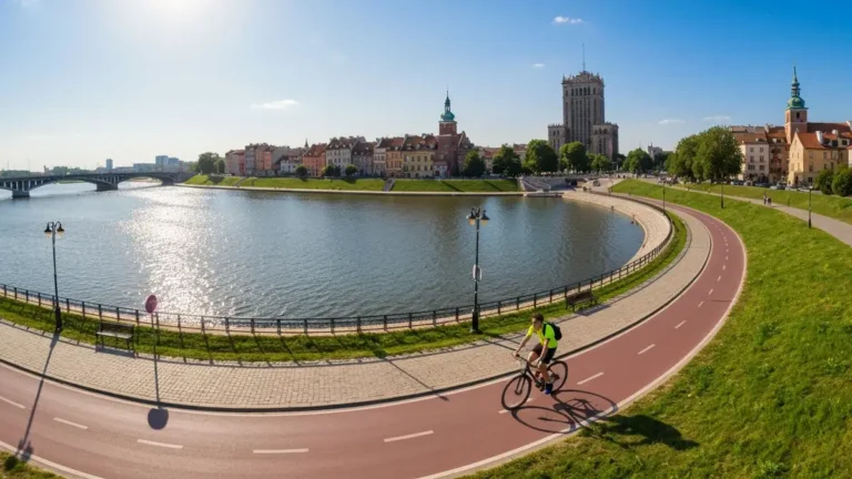 Warszawa rowerem - panorama miasta z ścieżką rowerową wzdłuż Wisły, rowerzysta na tle Starego Miasta i Pałacu Kultury