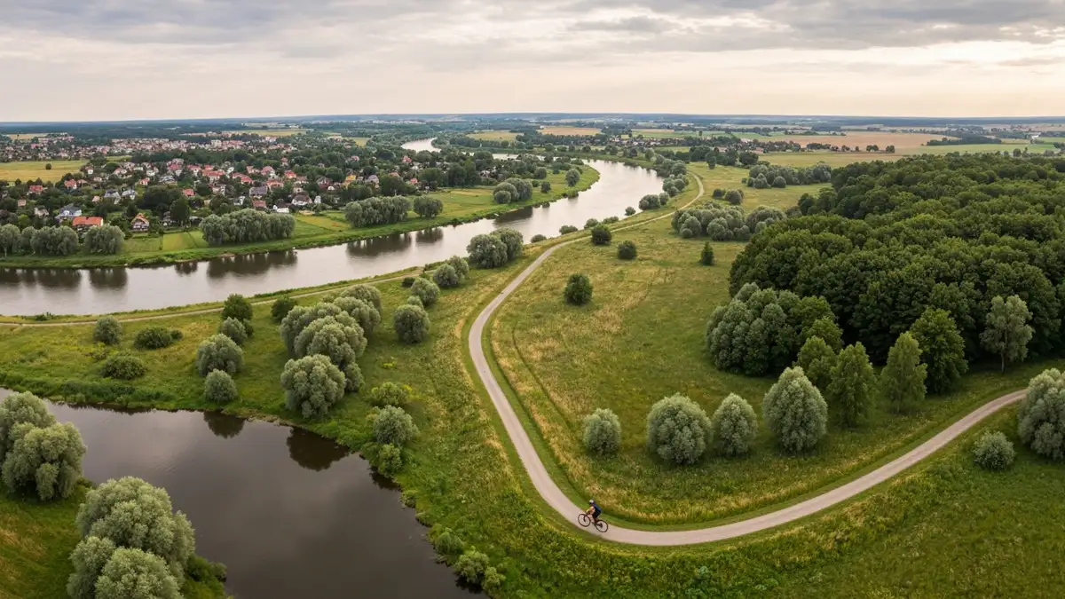 Widok na Wisłę i szlak rowerowy na etapie małopolskim Wiślanej Trasy Rowerowej