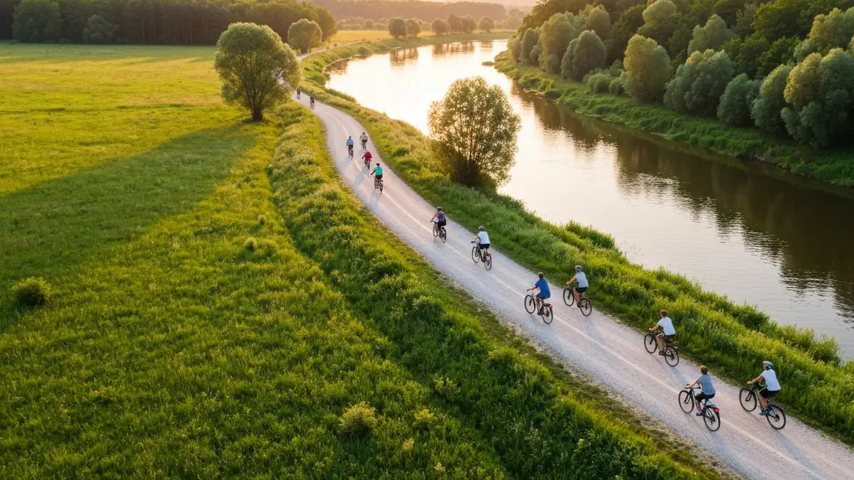 Wiślana Trasa Rowerowa wzdłuż rzeki Wisły w Mazowszu, ścieżka rowerowa między lasami a łąkami