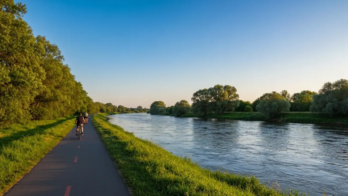 Widok na Wisłę z ścieżki rowerowej w Pomorzanach, szerokie pole, niebo