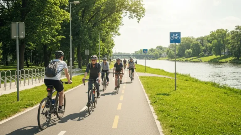 Grupa cyklistów na ścieżce rowerowej wzdłuż Odry we Wrocławiu, słoneczny dzień, zielone tereny
