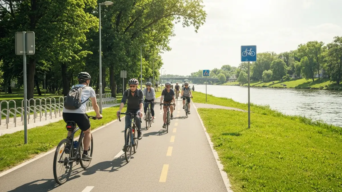 Grupa cyklistów na ścieżce rowerowej wzdłuż Odry we Wrocławiu, słoneczny dzień, zielone tereny