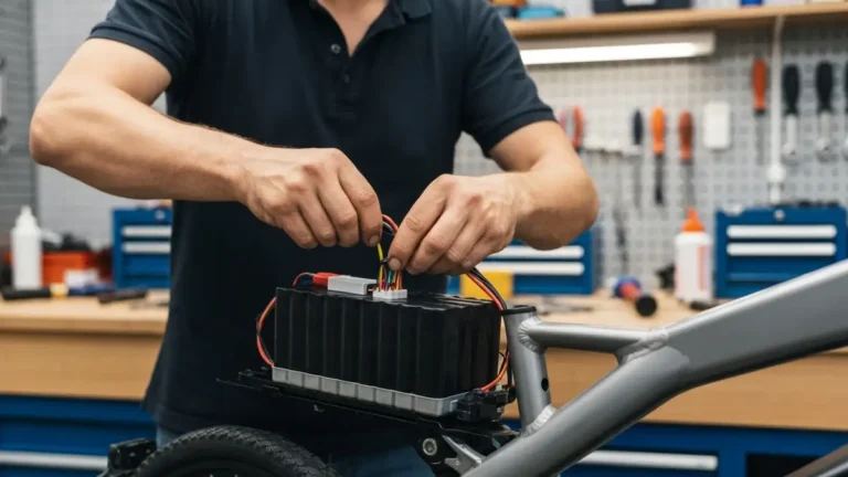 Bateria e-bike podczas wymiany w serwisie - rower elektryczny na stanowisku naprawy