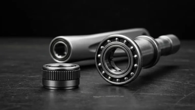 Wymontowana korba Hollowtech II Shimano z widokiem na łożyska i oś