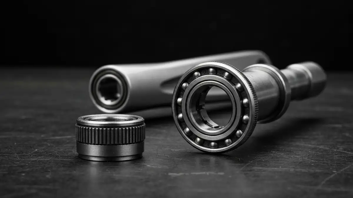 Wymontowana korba Hollowtech II Shimano z widokiem na łożyska i oś