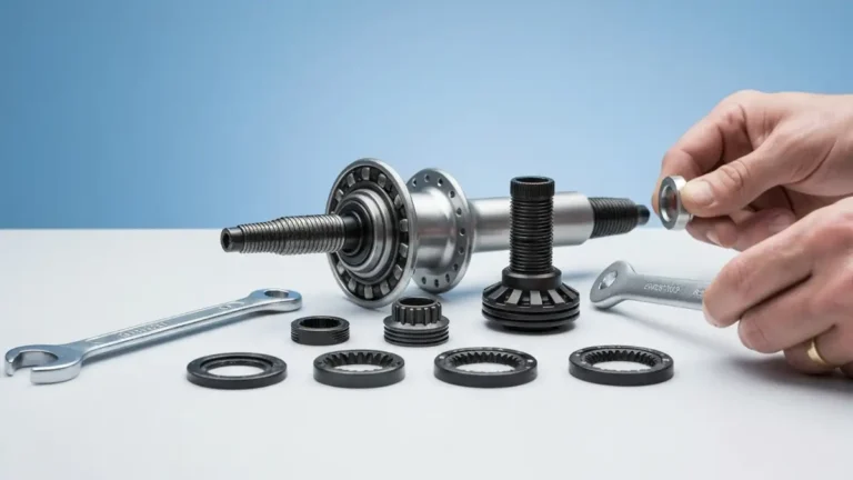 Rozmontowana piaста Shimano ze stożkowymi łożyskami, wrzeciono, osadzeniami i narzędziami do wymiany