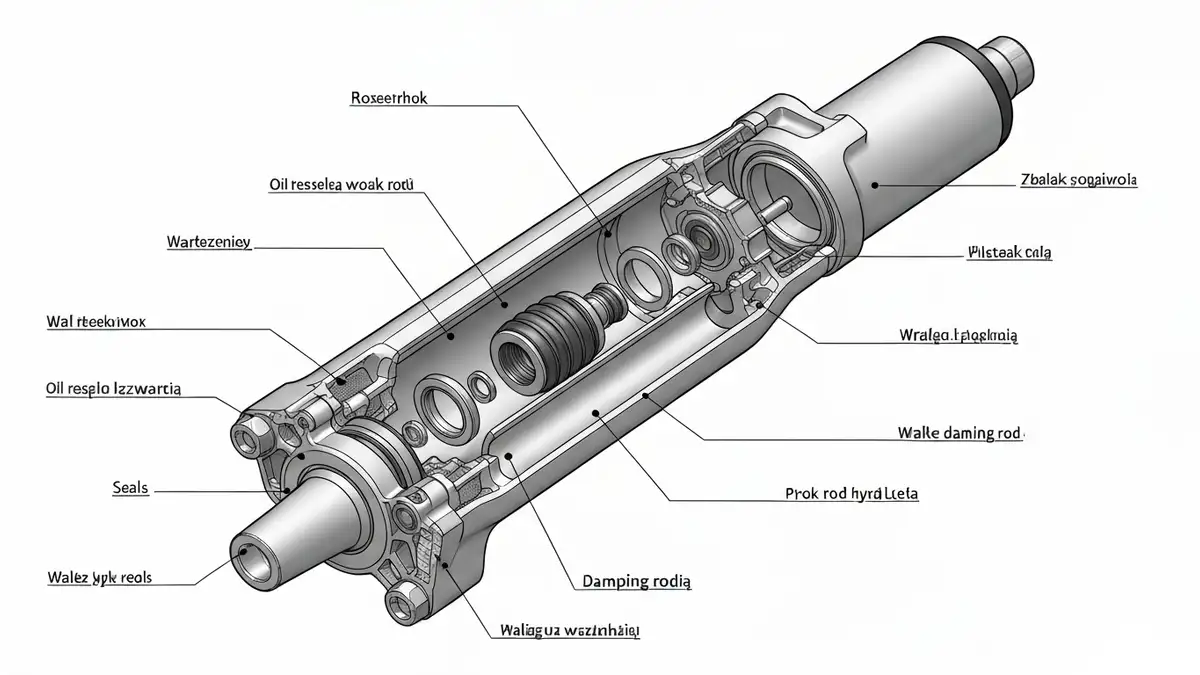 Rozkład dolnej nogi widelca RockShox z zaznaczeniem oleju, uszczelnień i elementów wewnętrznych
