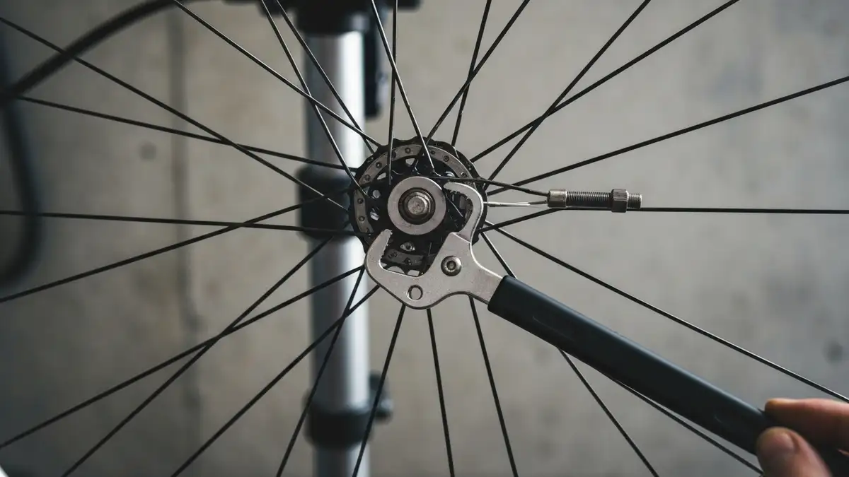 Rowerzysta robi wymianę szprychy w kole rowerowym - widok zbliżony na rozpłetanie starej szprychy za pomocą łyżki
