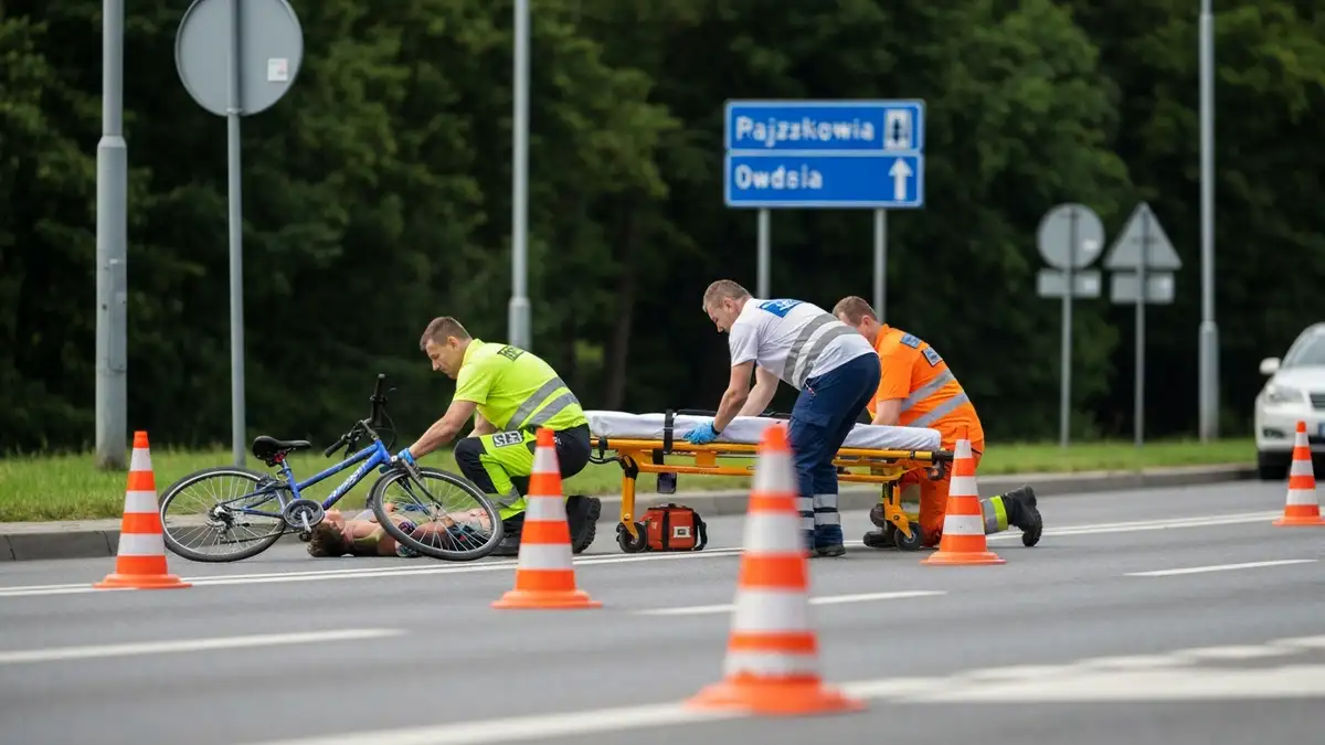 Rowerzysta leżący na drodze po wypadku, otoczony ratownikami medycznymi niosącymi nosze