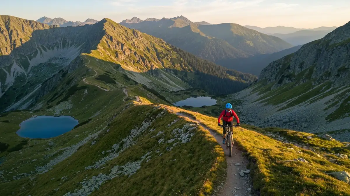 Widok na Tatry z rowerzystą na szlaku górskim w Zakopanem podczas złotej godziny