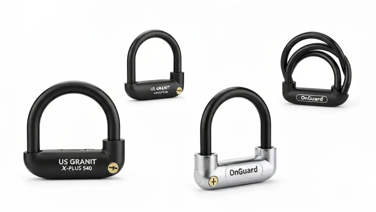 Porównanie trzech zapięć U-lock: Kryptonite New York Standard, Abus Granit X-Plus 540 i OnGuard Brute w rozmieszczeniu na szarej powierzchni z metryczką