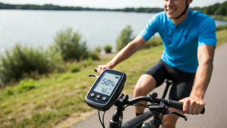 E-bike z wyświetlaczem zasięgu baterii i wskaźnikiem procentowym ładowania