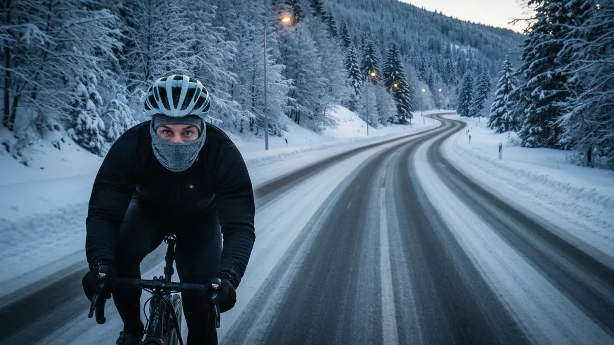 Cyklista w siedmiu warstwach odzieży zimowej jeżdżący rowerem w śnieżnym krajobrazie przy temperaturze minus dziesięć stopni