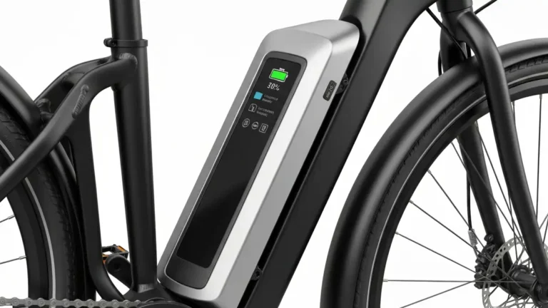 Bateria lithium-ion e-bike na tle roweru elektrycznego z wymiennikiem pojemności