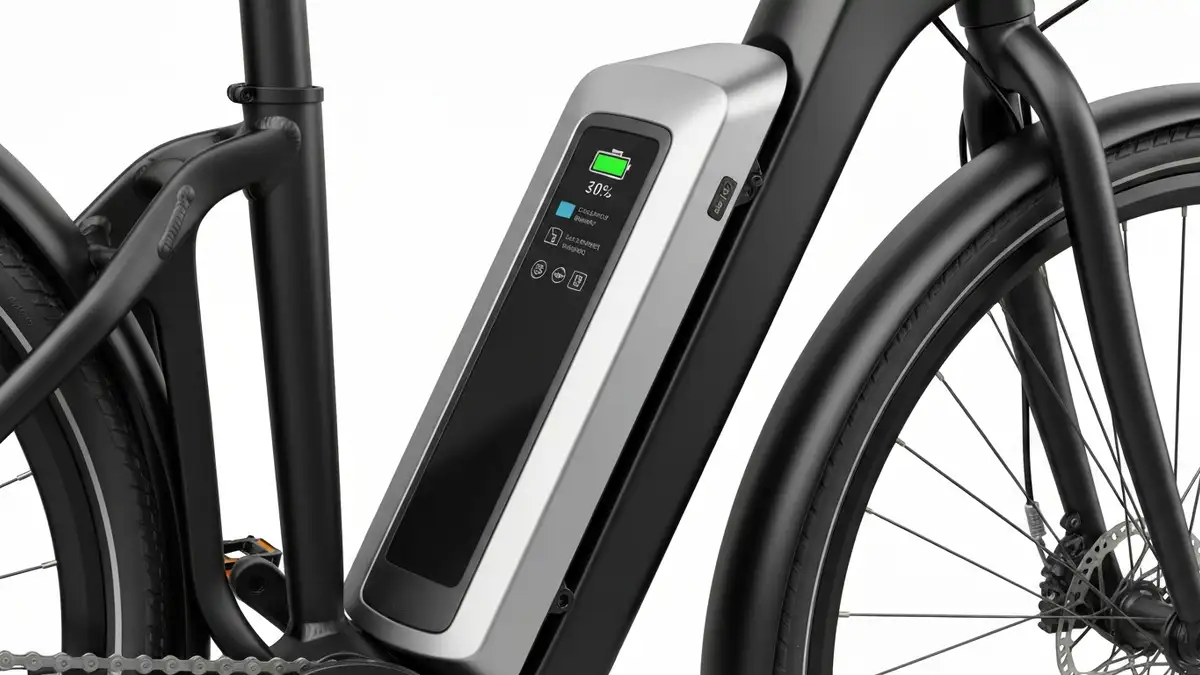 Bateria lithium-ion e-bike na tle roweru elektrycznego z wymiennikiem pojemności